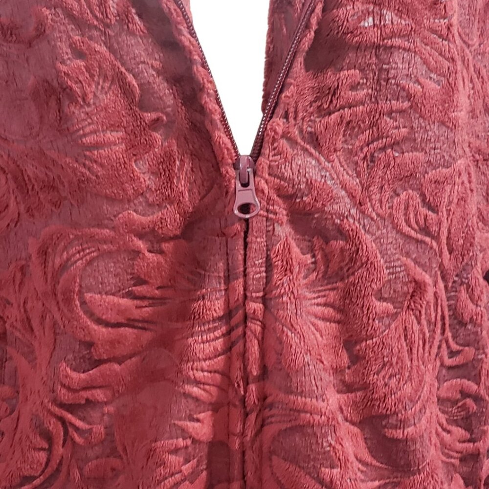 CT1932 Ethyl Red Faux Fur Floral Zip Front Hoodie M - Picture 3 of 9